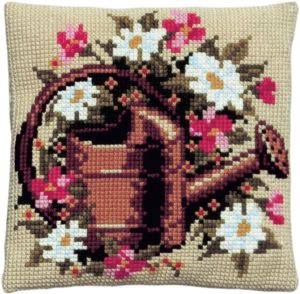 Cross stitch cushion flowers in watering can, printed