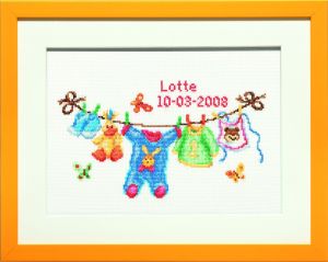 Embroidery kit birthday sampler line full of baby clothes