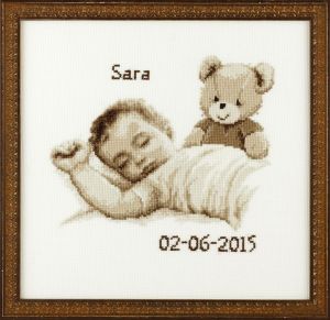 Embroidery kit birthday sampler sepia baby with teddy.