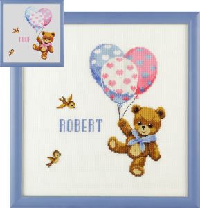 Embroidery kit birthday sampler teddy with balloons