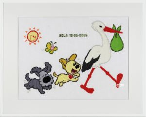 Embroidery kit birthday sampler Woezel & Pip with the stork Embroidery kit birthday sampler Woezel & Pip with the stork